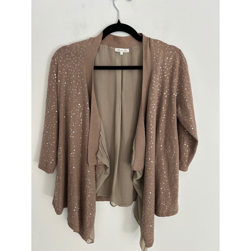 Minnie Rose Taupe Sequin Open Front Cardigan 100%‎ Silk Lined Size L